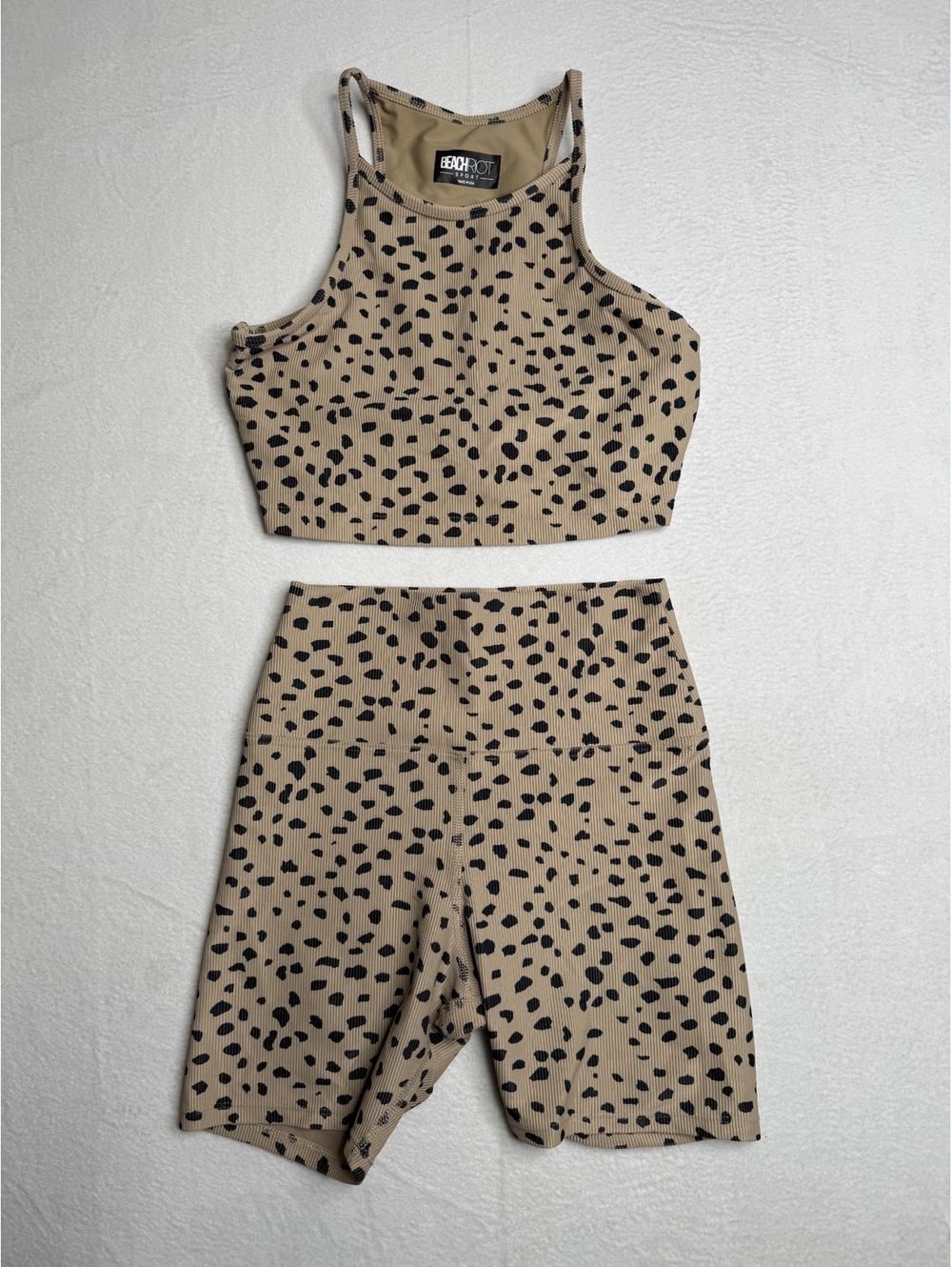 Beach Riot Sport Leopard Ribbed Activewear Set Top Biker Shorts Size S